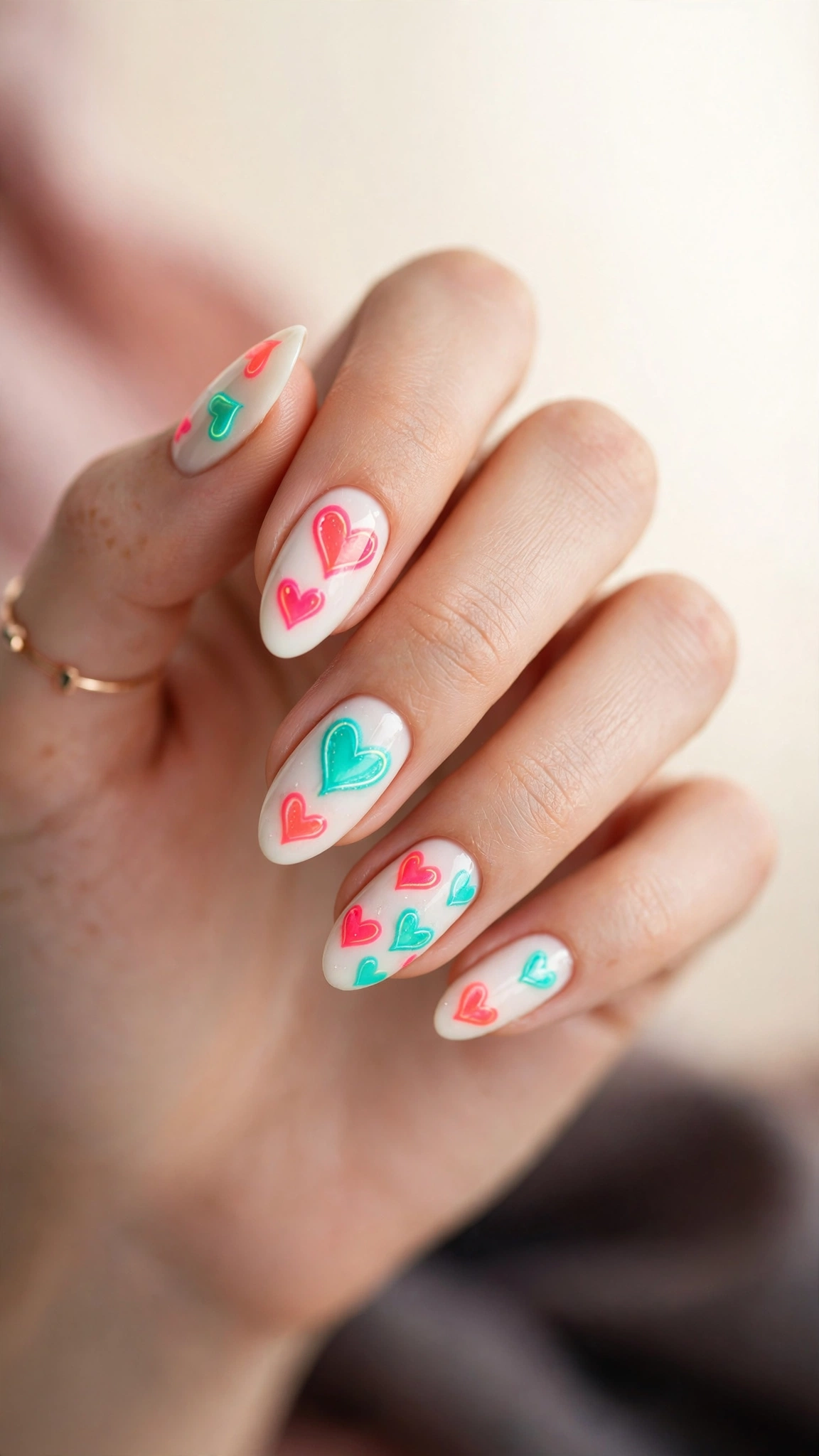 Summer neon hearts in pink coral turquoise on white