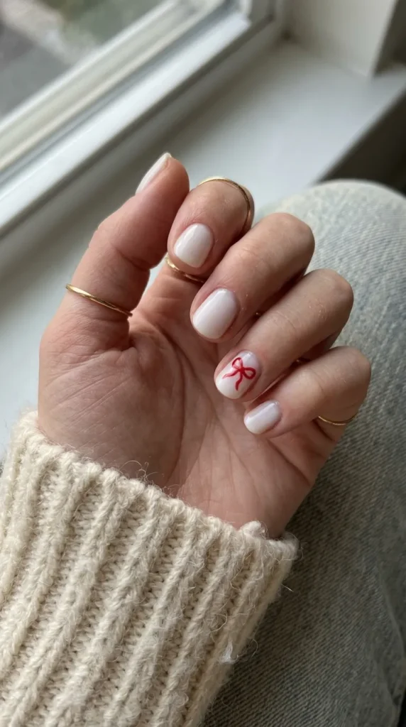 hello kitty halloween nails: milky white short nails with one small red bow accent nail