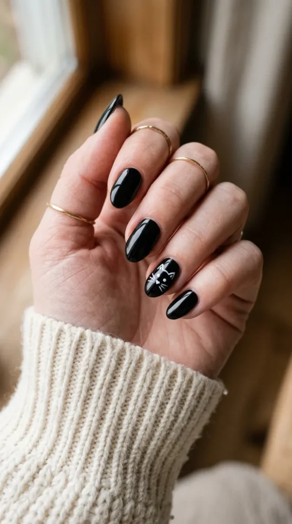 Black nail with a small white cat face outline and thin whiskers