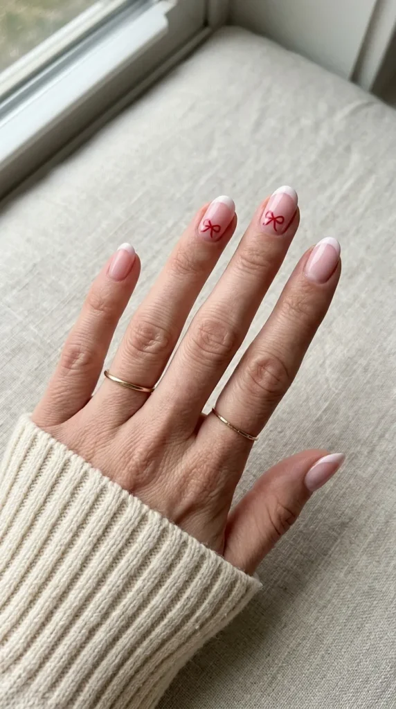 Pink French nails with a tiny red bow at the tip line
