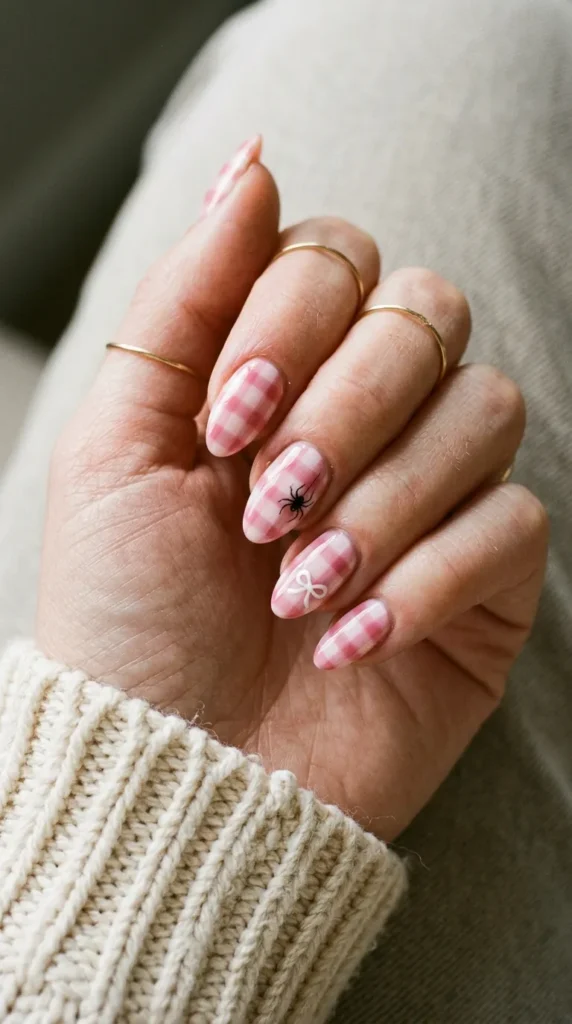 Pink gingham nails with one white bow and one tiny black spider