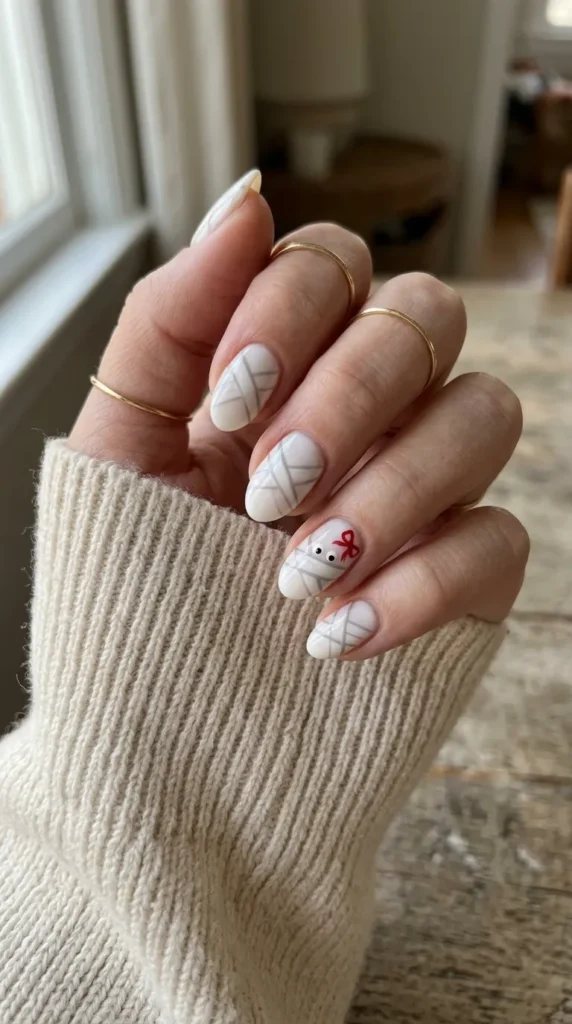 White bandage-wrapped nails with two small eyes and a red bow