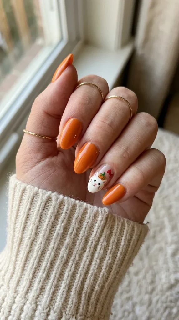Orange nail with a white kitty face and a small pumpkin stem