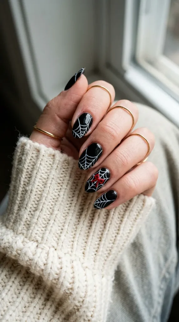 hello kitty halloween nails: black nails with a thin white web and one red bow at the centre