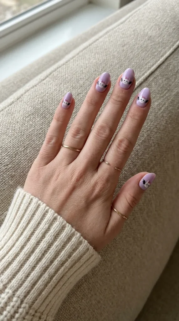 Lilac nail with a white kitty face and small black bat wings