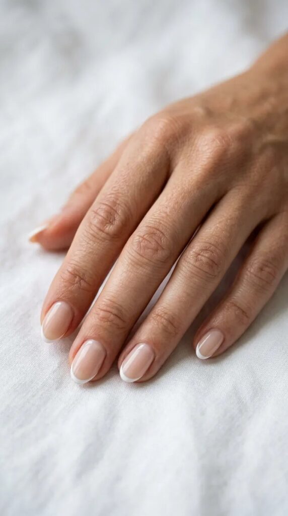 Hoco Nails – milky white with pearl shimmer on short almond nails