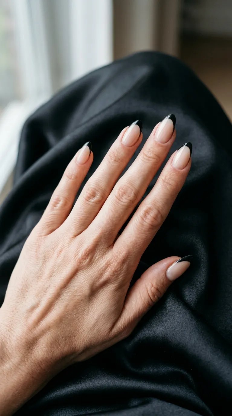 Hoco Nails &ndash; thin black French tip over sheer nude, on a black dress