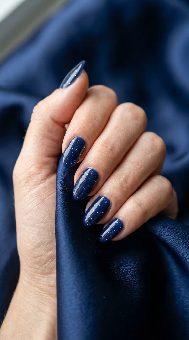Navy jelly nails with tiny silver flecks on navy satin