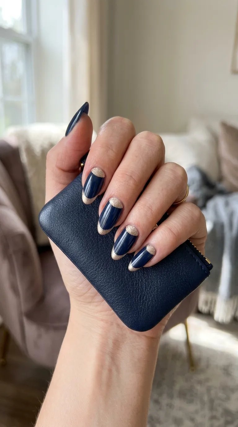 Navy nails with champagne tips holding a navy clutch