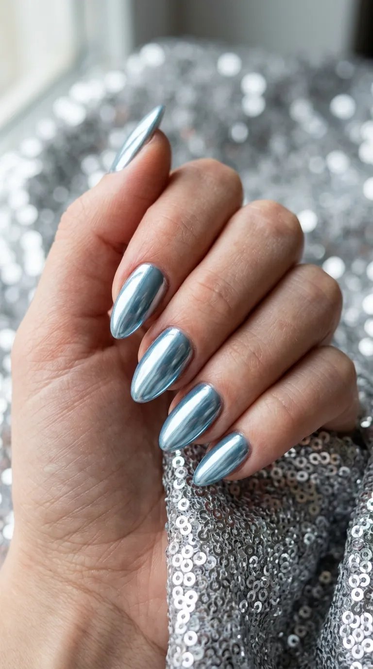 Icy blue chrome nails against silver sequins