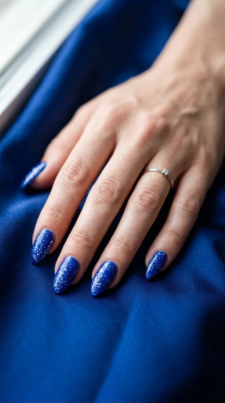Royal blue nails with silver glitter on blue satin