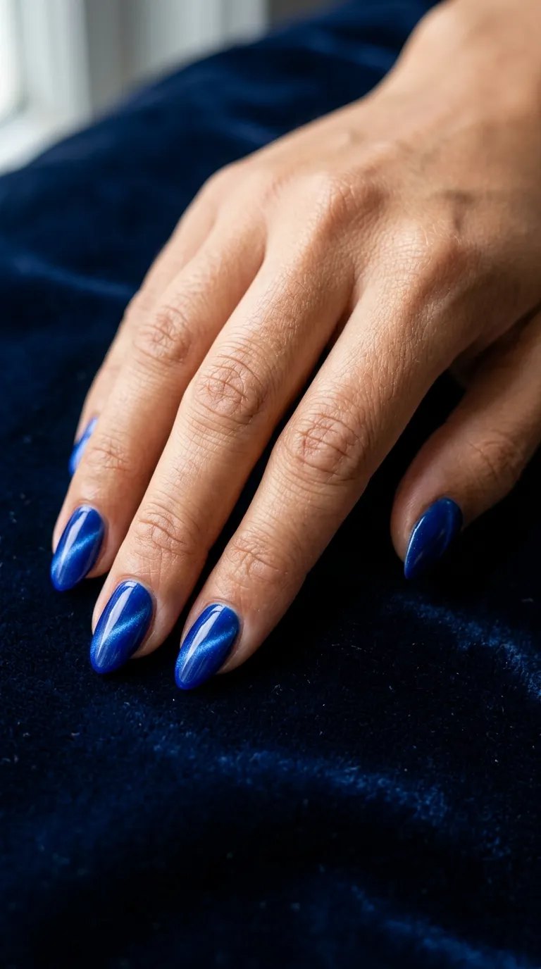 Cobalt blue cat-eye nails on navy velvet