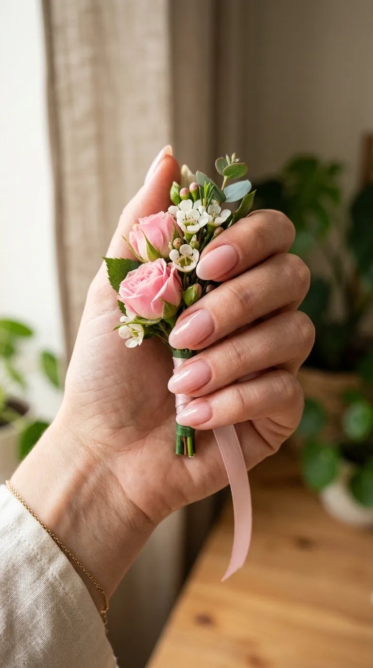 Sheer ballet pink nails holding a pink corsage