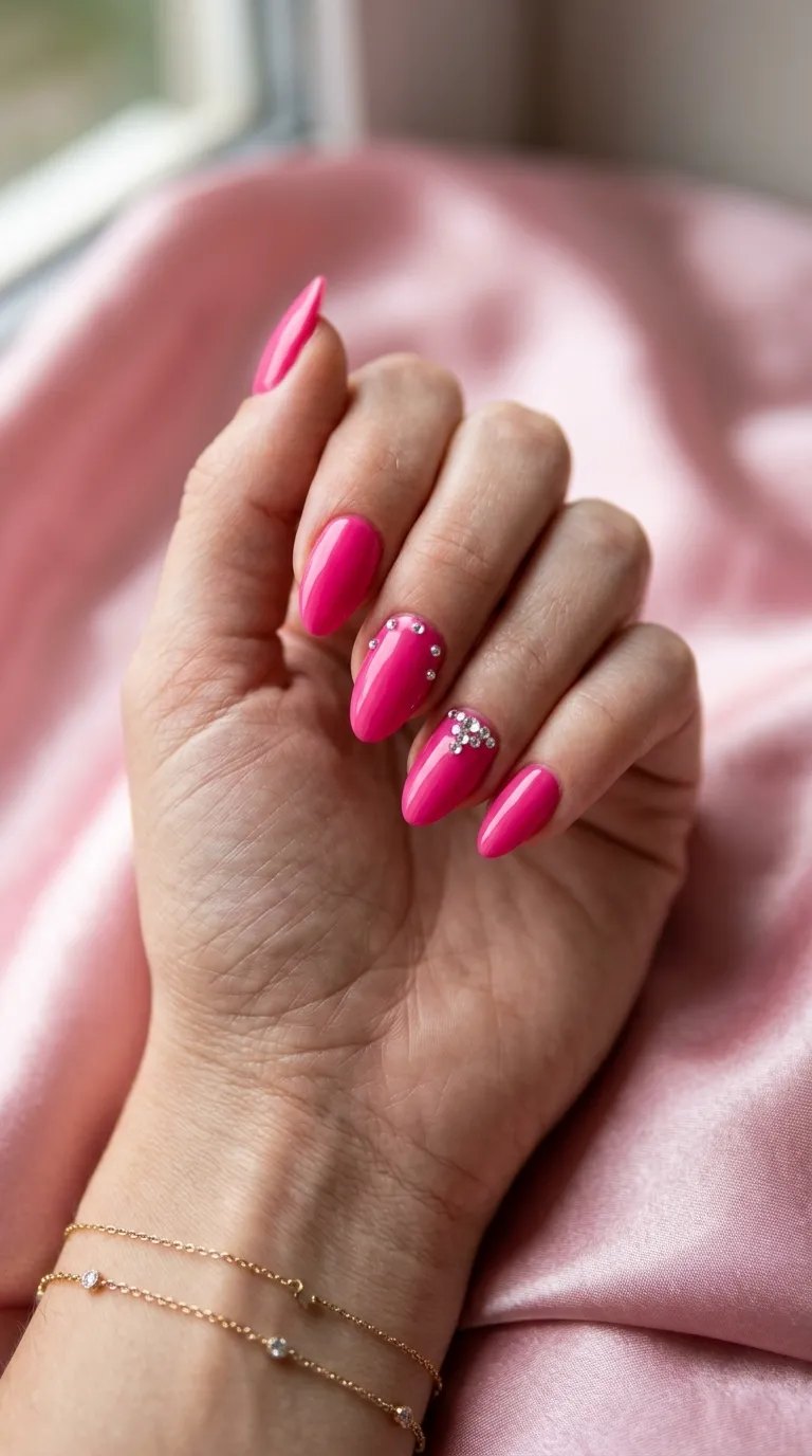 Hot pink nails with rhinestones at the cuticle