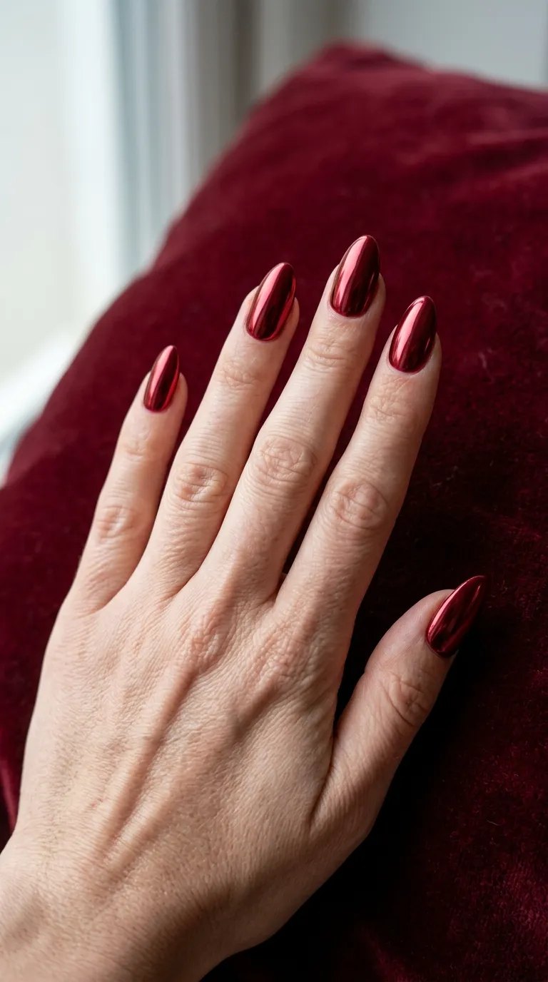 Deep red chrome nails on burgundy velvet