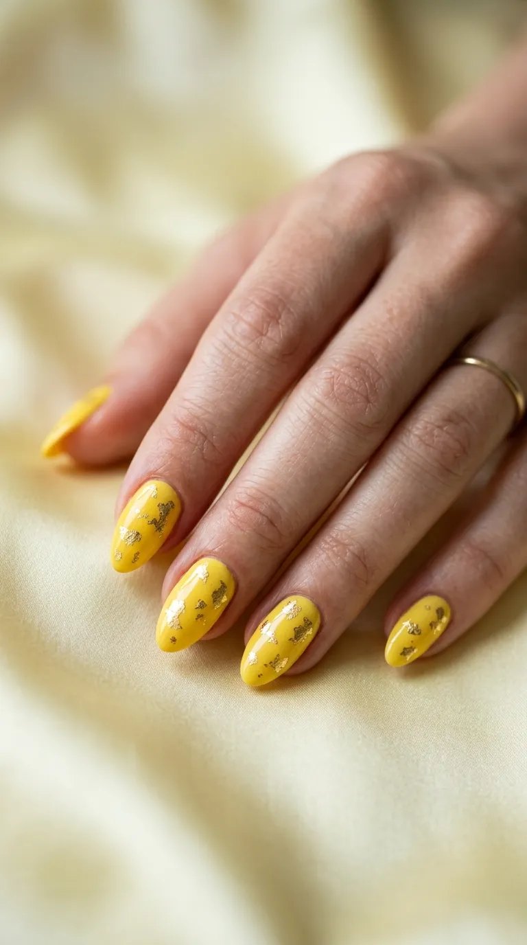 Yellow nails with gold foil flakes on cream silk