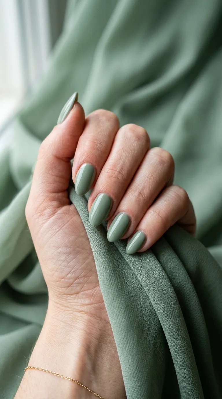Sage green nails holding sage chiffon