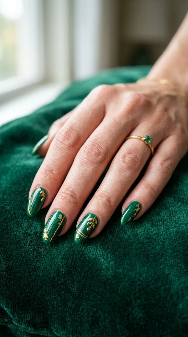 Emerald green nails with thin gold lines on green velvet