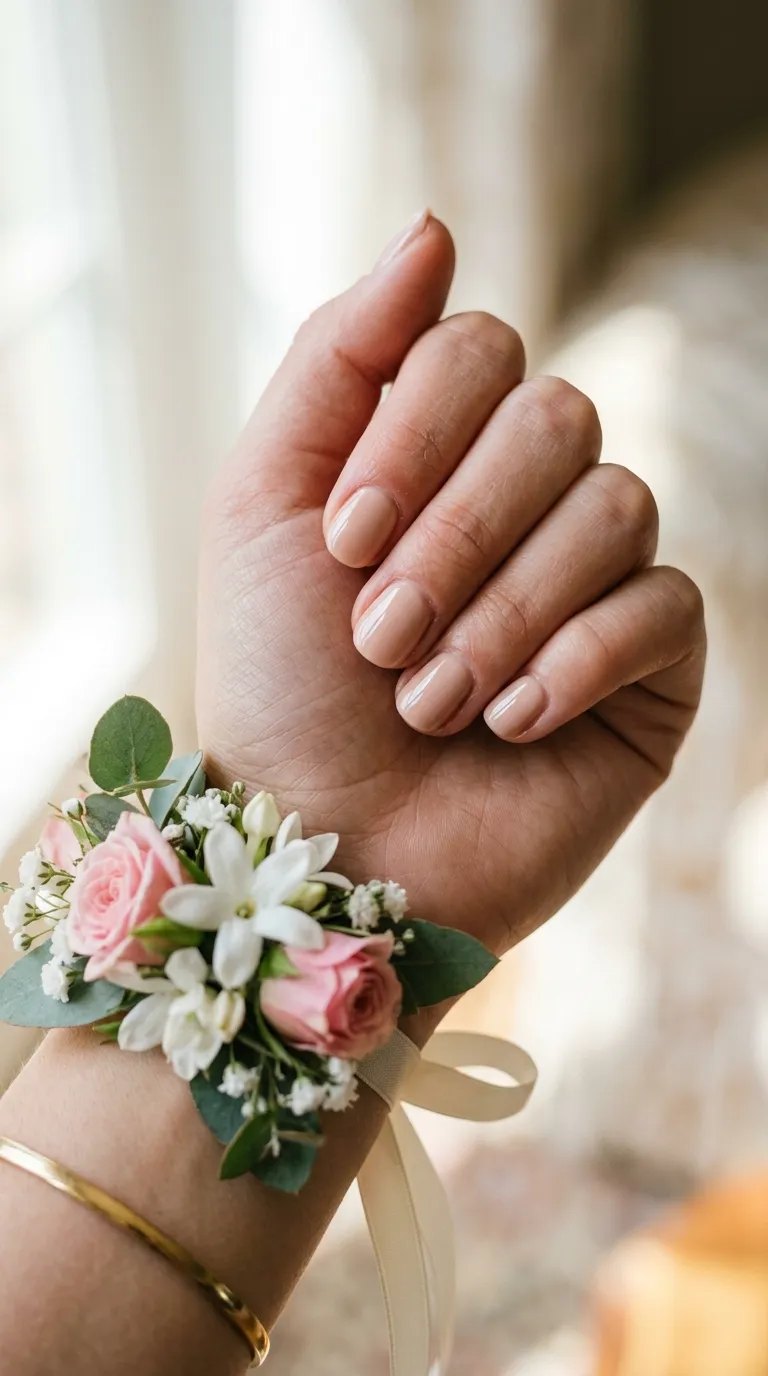 Clean glossy nude nails with a wrist corsage