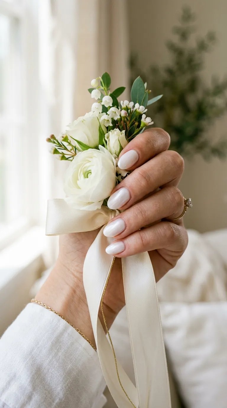 Micro French tip nails holding a white ranunculus bouquet