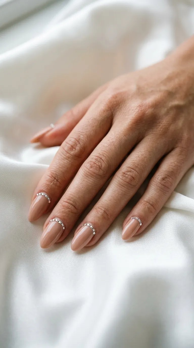 Nude nails with a rhinestone cuticle line on white satin