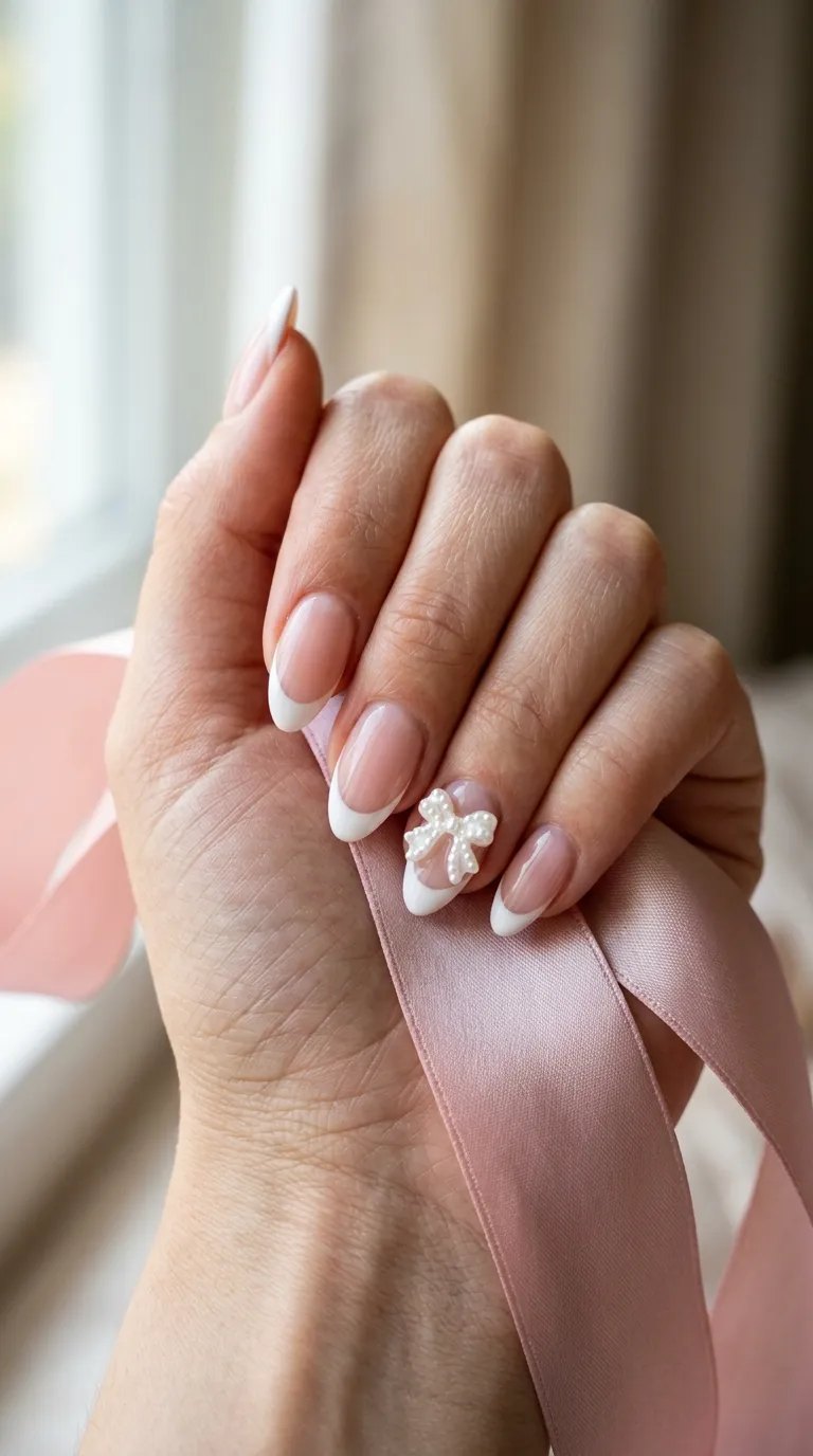 Soft pink French nails with a 3D bow accent nail