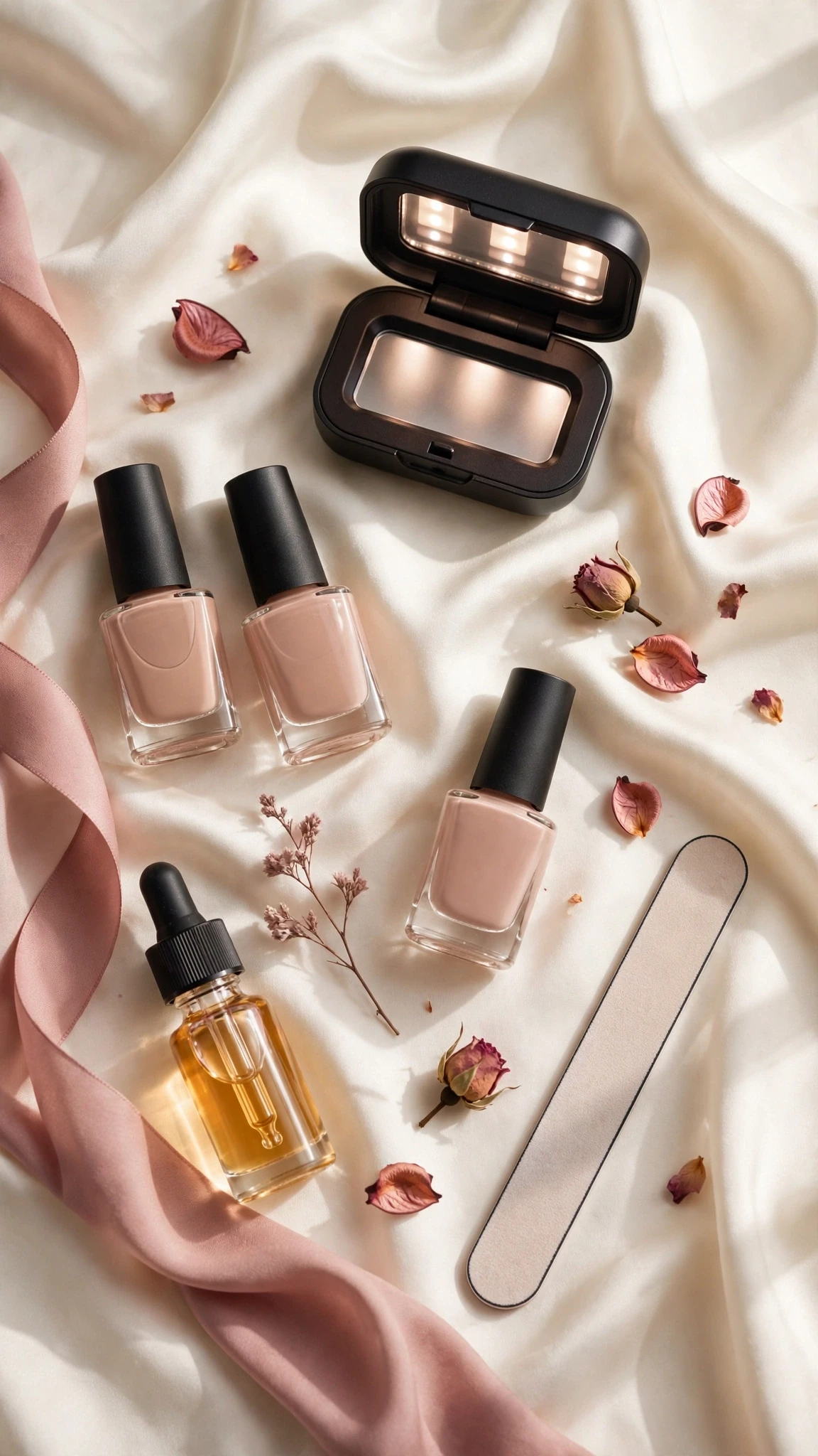 Overhead flat lay of at-home gel nail kit with LED lamp, gel polish bottles, nail file and cuticle pusher on a cream background