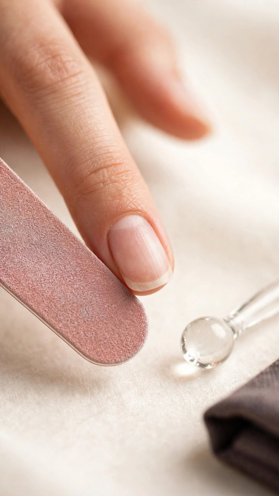 Close-up of natural nails being gently prepped with a soft nail file before gel polish application