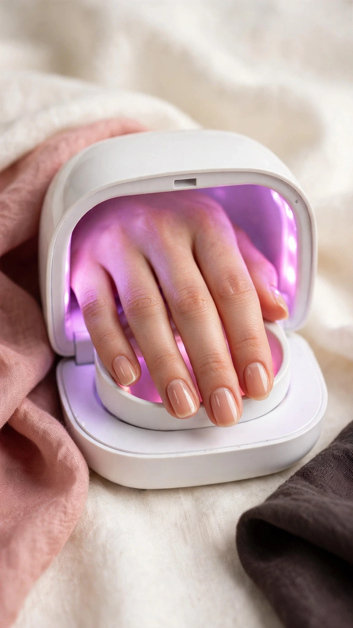 Hand placed inside a UV LED nail lamp with glowing light curing a fresh gel manicure