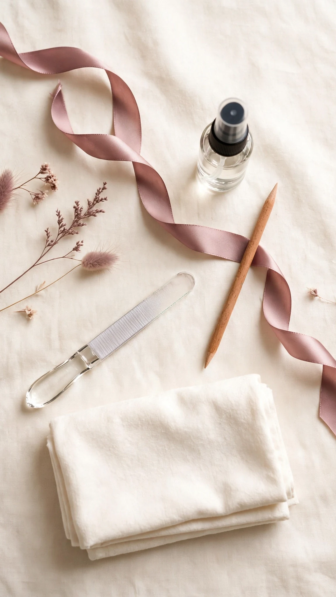 Step-by-step nail prep essentials: dehydrator, gentle cuticle pusher and lint-free wipes arranged neatly