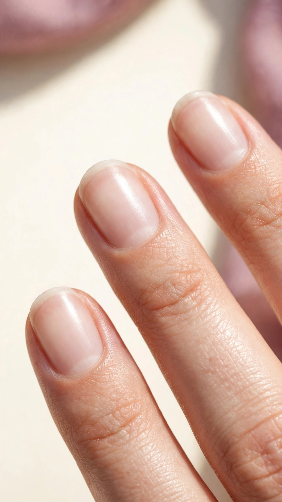Close-up of bare natural nails with a healthy glossy shine after a Japanese manicure treatment