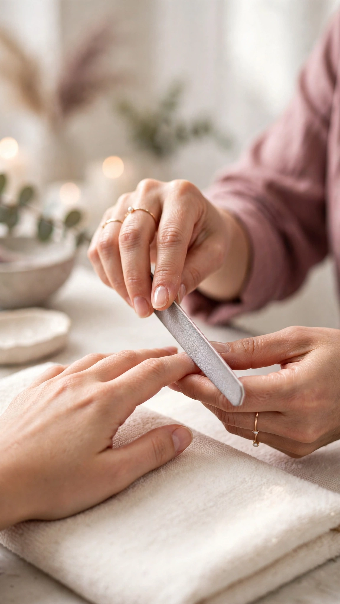 Nail technician gently filing and shaping natural nails during the preparation stage of a Japanese manicure