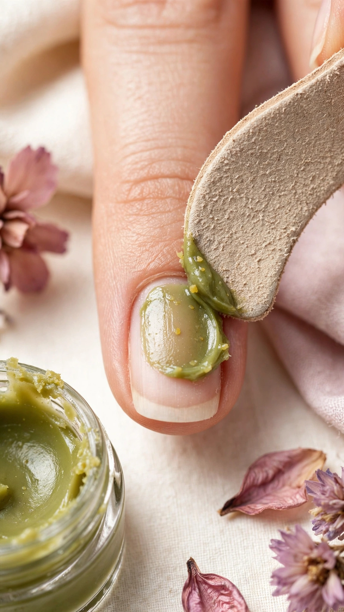 Green beeswax nourishing paste being buffed into a natural nail with a soft chamois tool