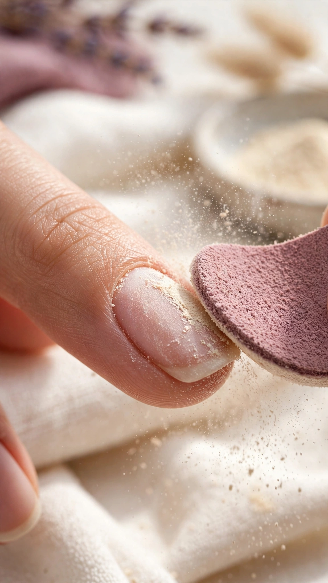 Mineral powder being buffed over nails with a chamois buffer to seal in nutrients and create natural shine