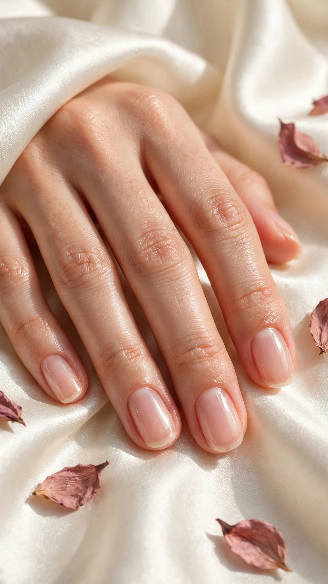 Finished Japanese manicure showing glossy glass-like shine on healthy bare natural nails
