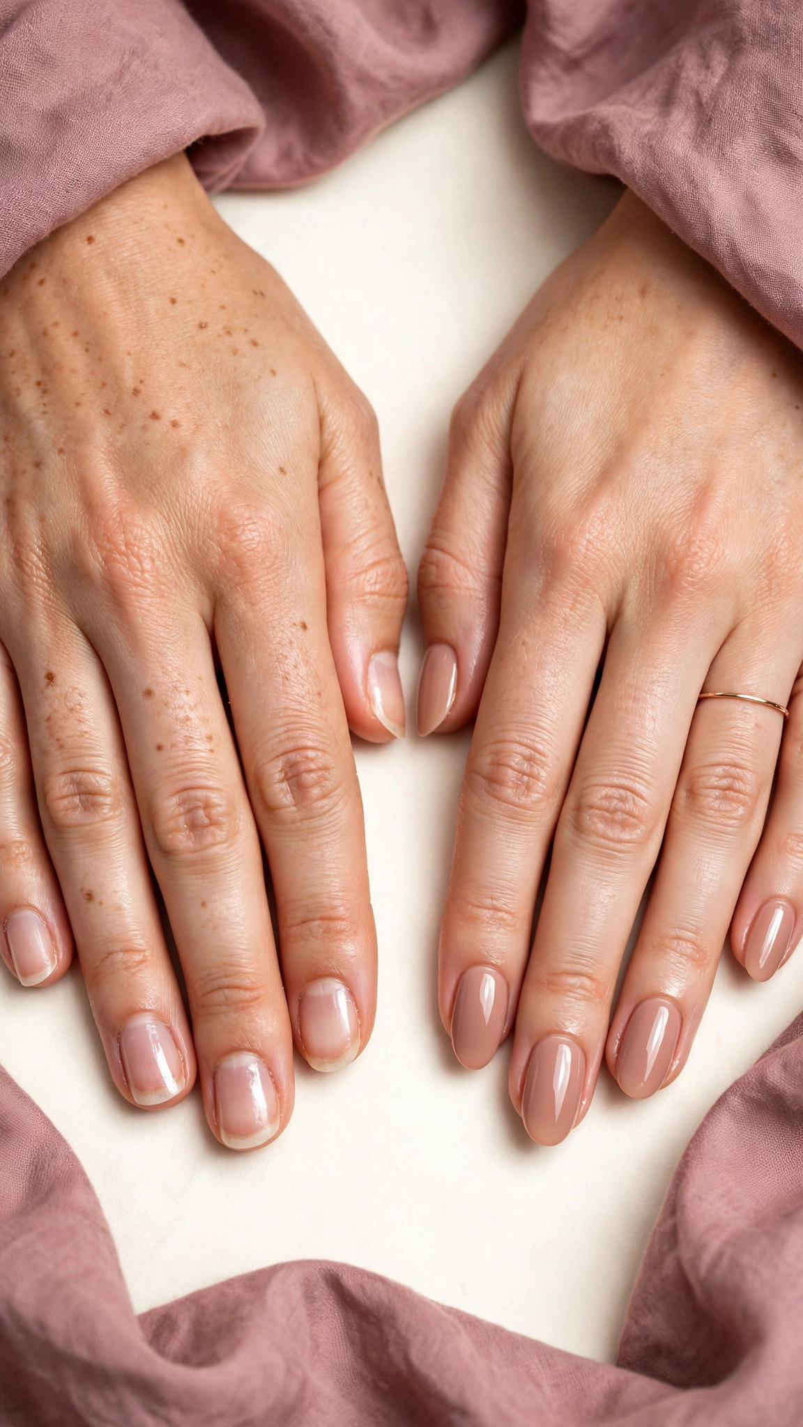 Side-by-side concept showing natural glossy bare nails versus a precise Russian-style gel manicure with clean cuticles