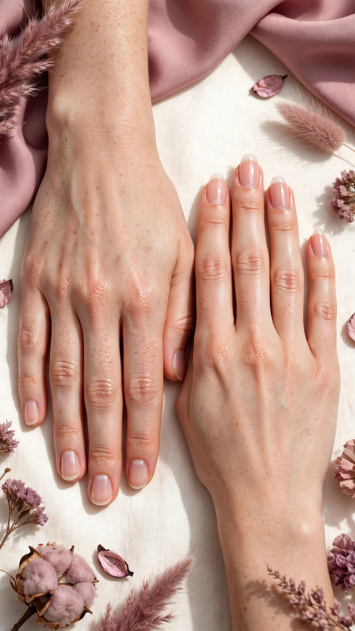 Natural bare nails with healthy shine from a Japanese manicure next to subtle American-style nude polished nails