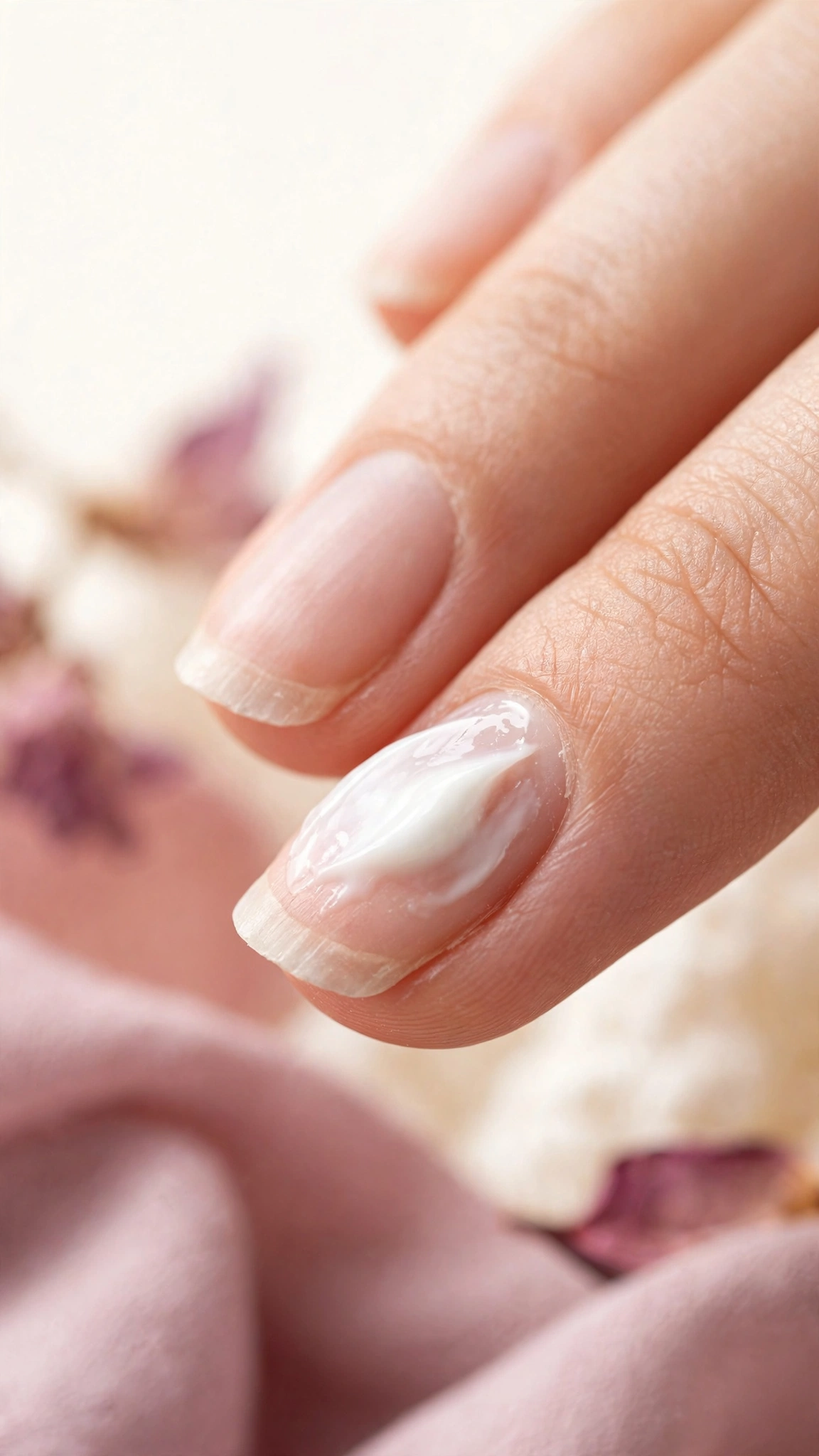 Close-up of thin weak nails being nourished showing why a Japanese manicure helps damaged nails recover