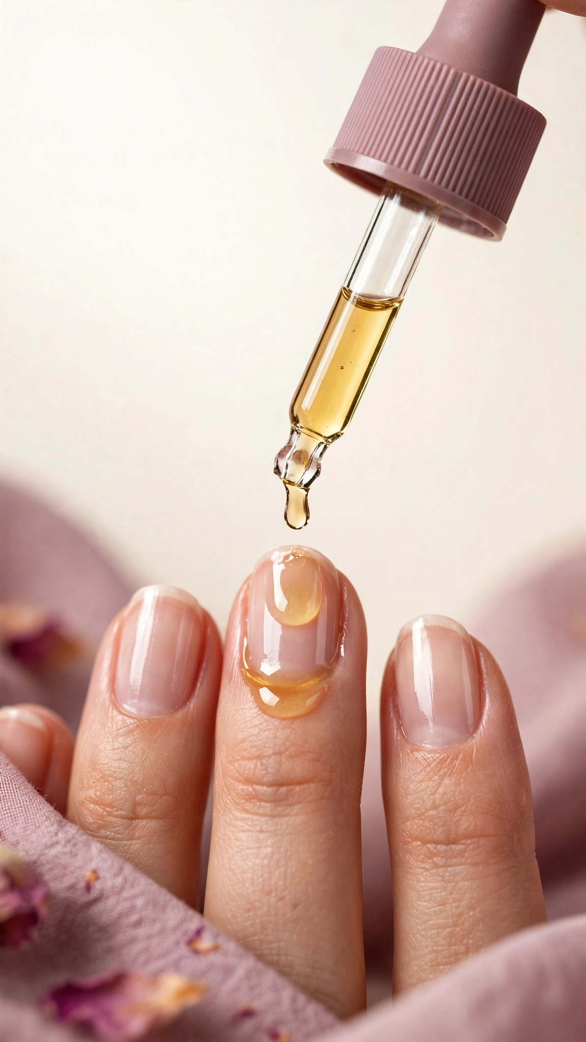 Applying nourishing cuticle oil to bare glossy nails as aftercare for a Japanese manicure