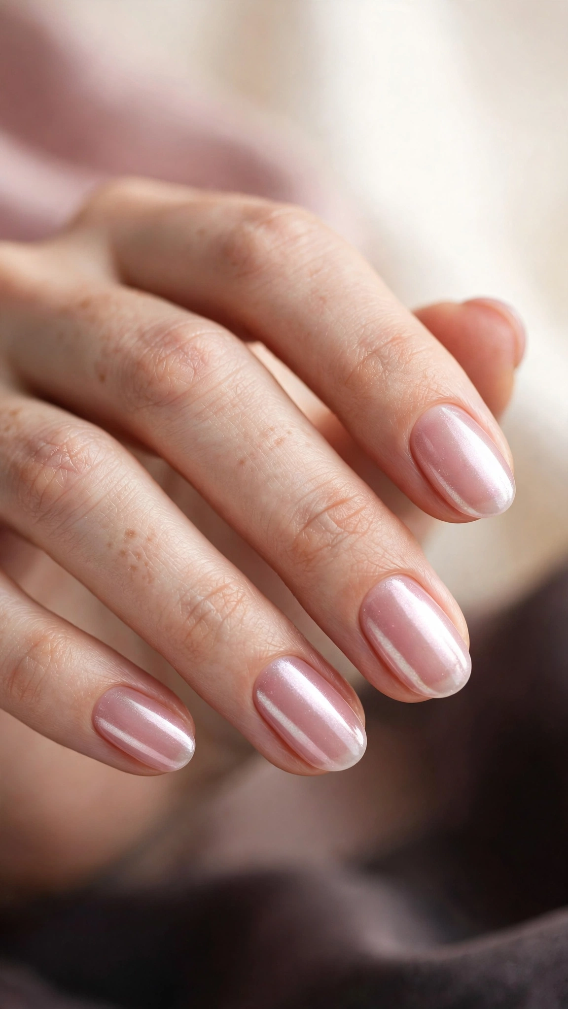 Sheer pink chrome nails with a translucent jelly base and soft inner glow