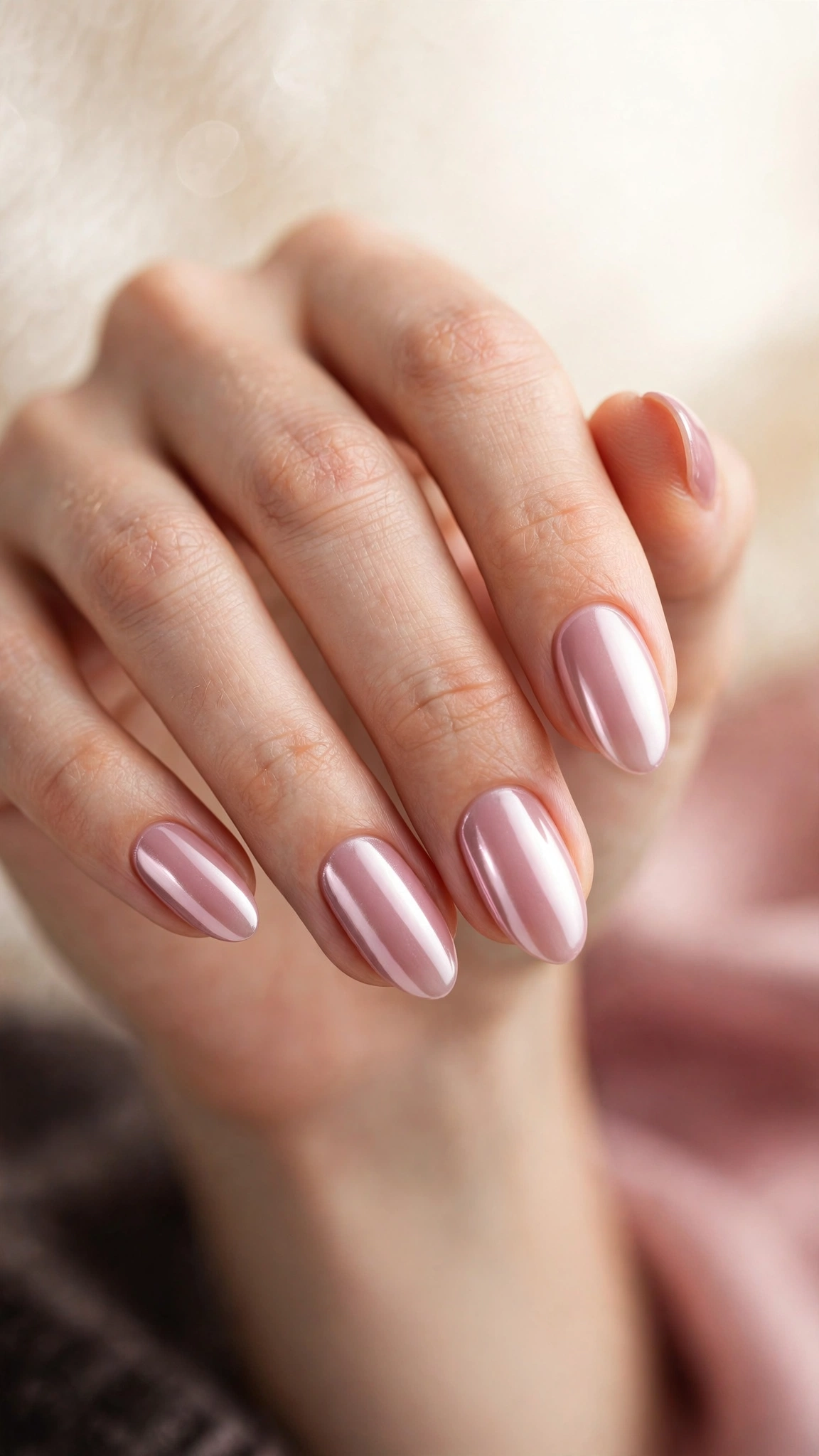 Classic baby pink chrome nails with full mirror-shine liquid metal finish