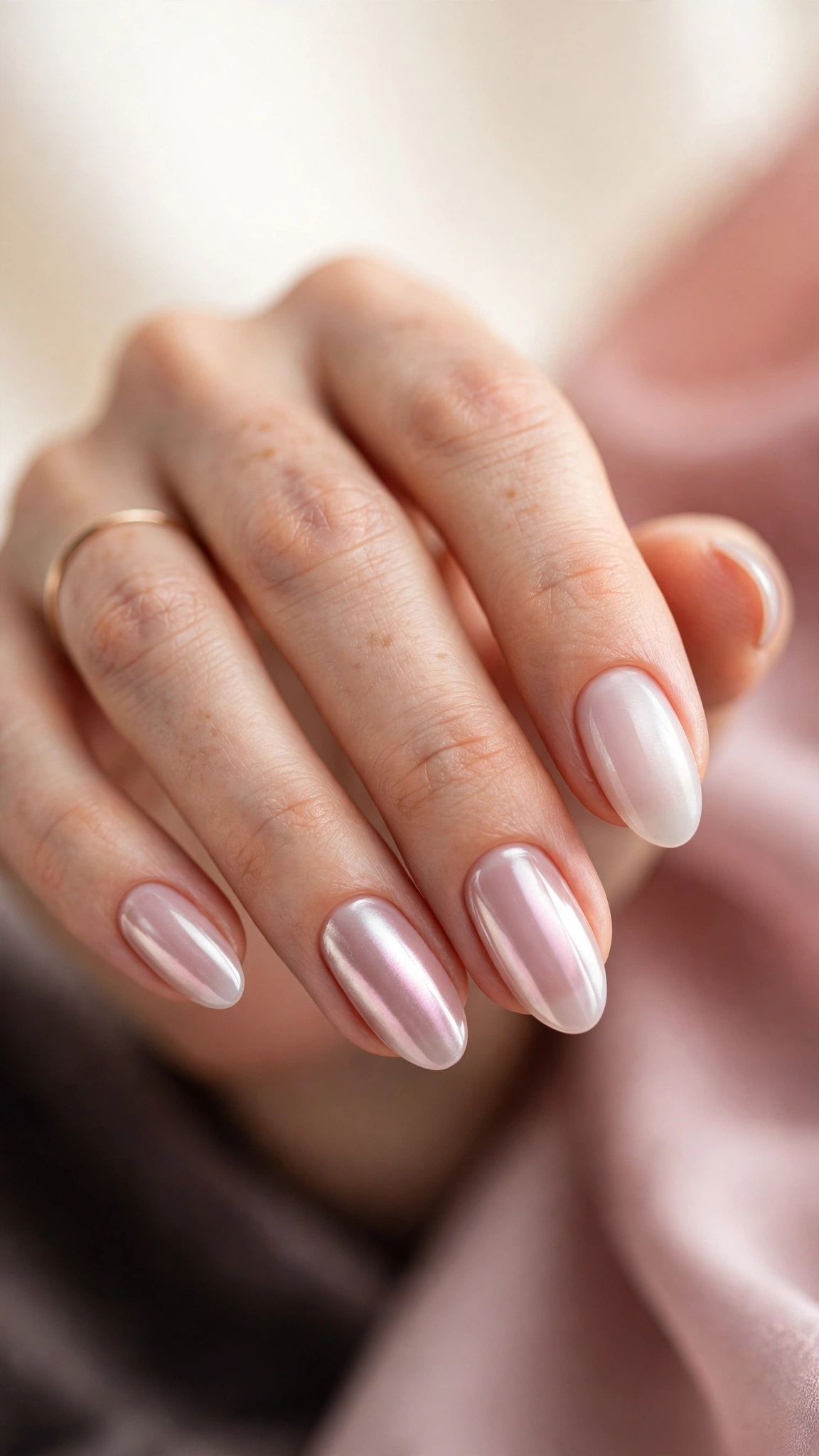 Glazed donut pink chrome nails with milky sheer base and frosted glow
