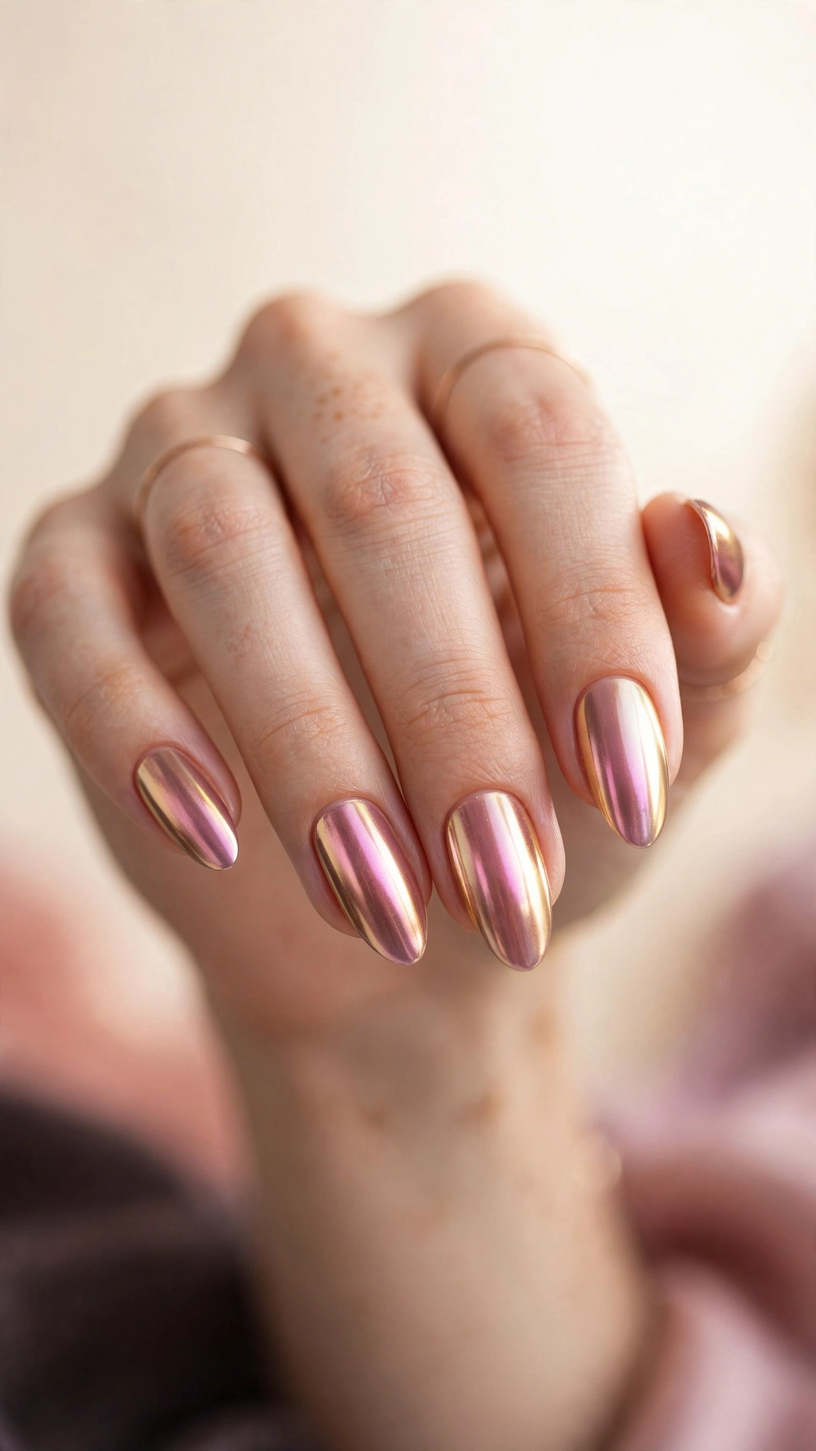 Rose gold-shift pink chrome nails changing between pink and gold