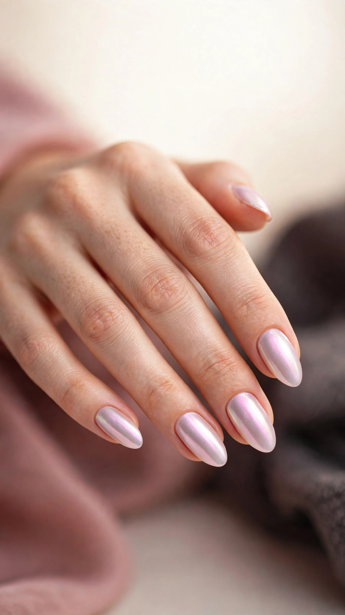 Pink pearl chrome nails with opalescent iridescent finish