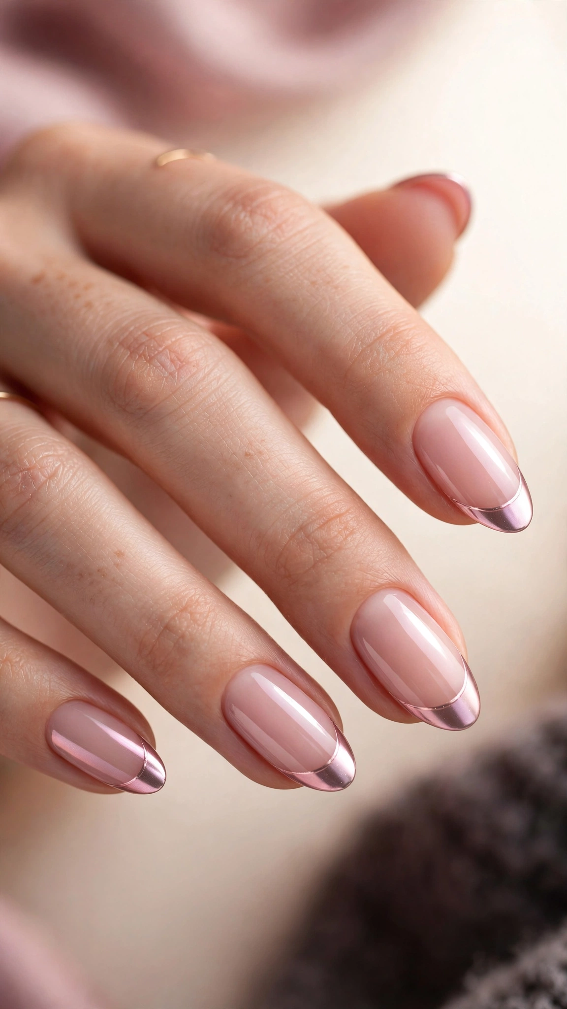 Chrome French tips on a sheer pink nail base