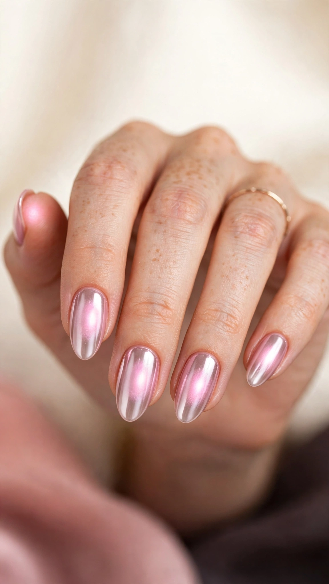 Pink aura chrome nails with glowing color bloomed at the center