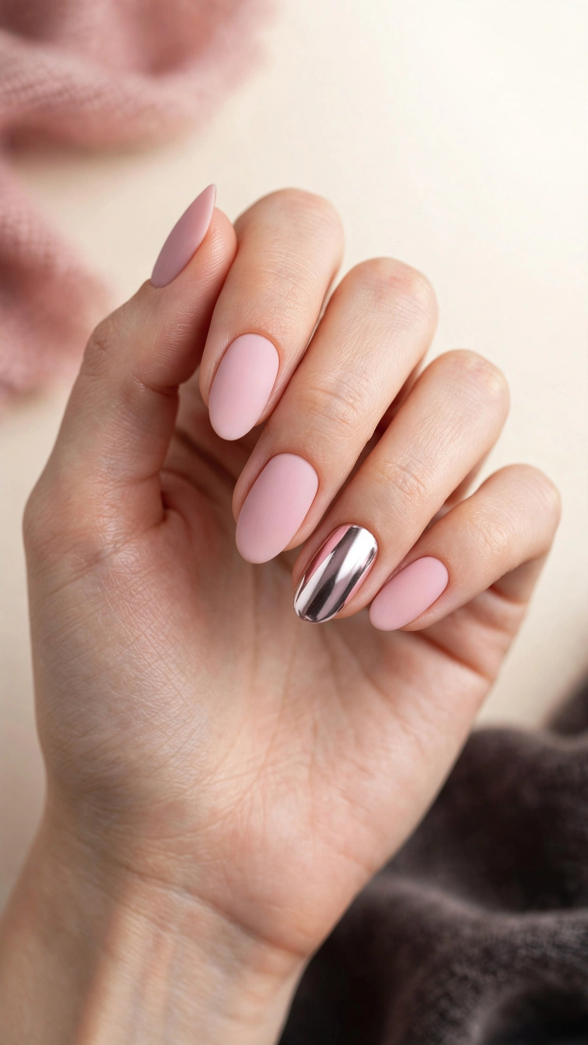 Matte pink nails with one light pink chrome accent nail