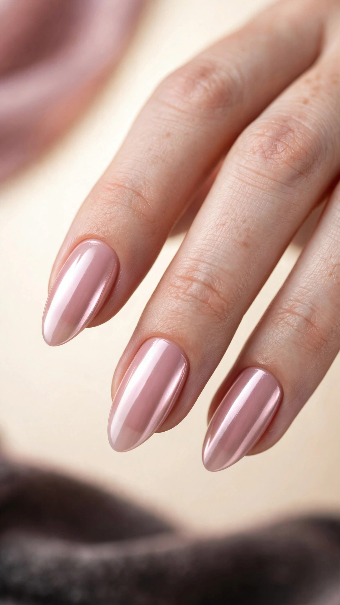 Almond-shaped light pink chrome nails, elongated and elegant