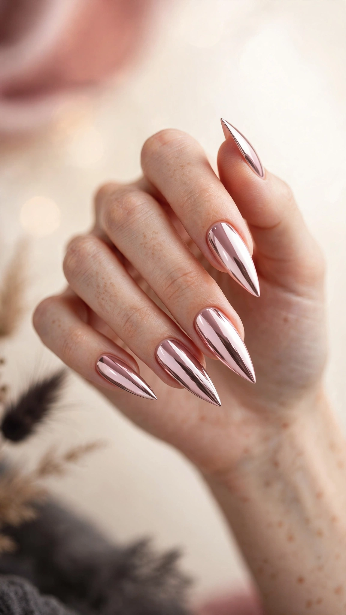 Stiletto light pink chrome nails with sharp dramatic points