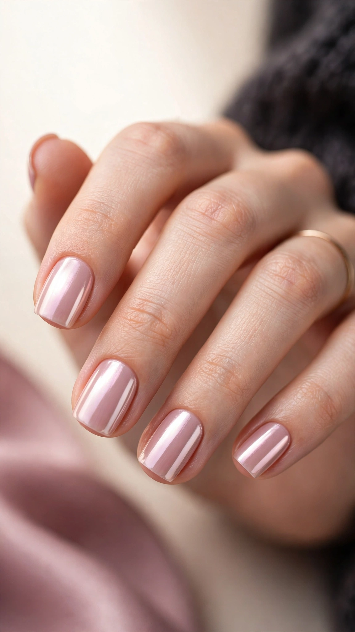 Short square light pink chrome nails, modern and tidy